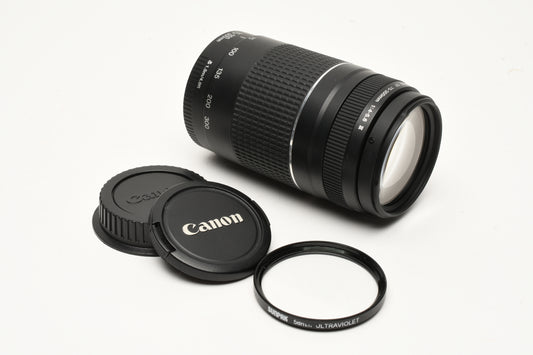 Canon EF 75-300mm f4-5.6 III Telephoto zoom lens, caps, UV, Tested