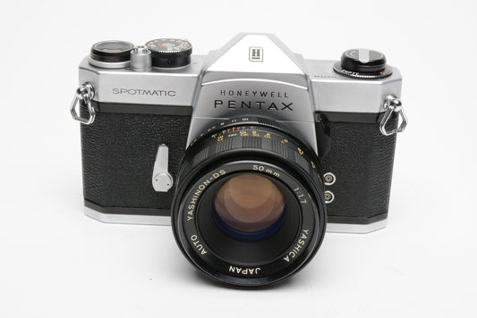 Pentax Spotmatic SP chrome 35mm SLR w/50mm F1.7, case, cap, strap, new seals, nice!