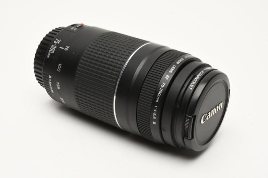 Canon EF 75-300mm f4-5.6 III Telephoto zoom lens, caps, UV, Tested