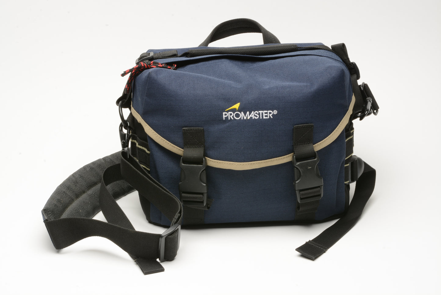 Promaster camera shoulder bag, measures ~ 14" x 9 x 7" deep, shoulder + hip strap