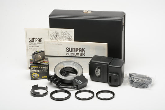 Sunpak Auto DX 8R Ringlight flash system w/Minolta MX-1D mount, step rings, Mint