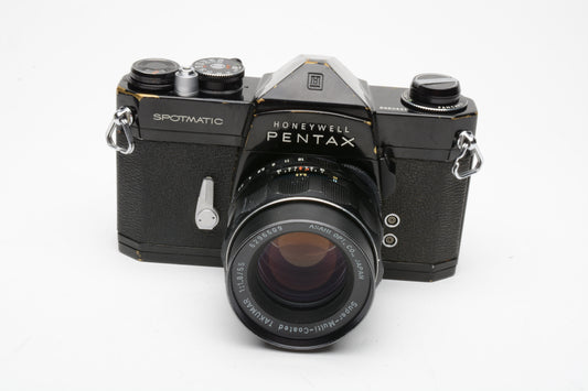 Pentax Spotmatic Black 35mm SLR w/Super MC Tak. 55mm F1.8, new seals, Nice!