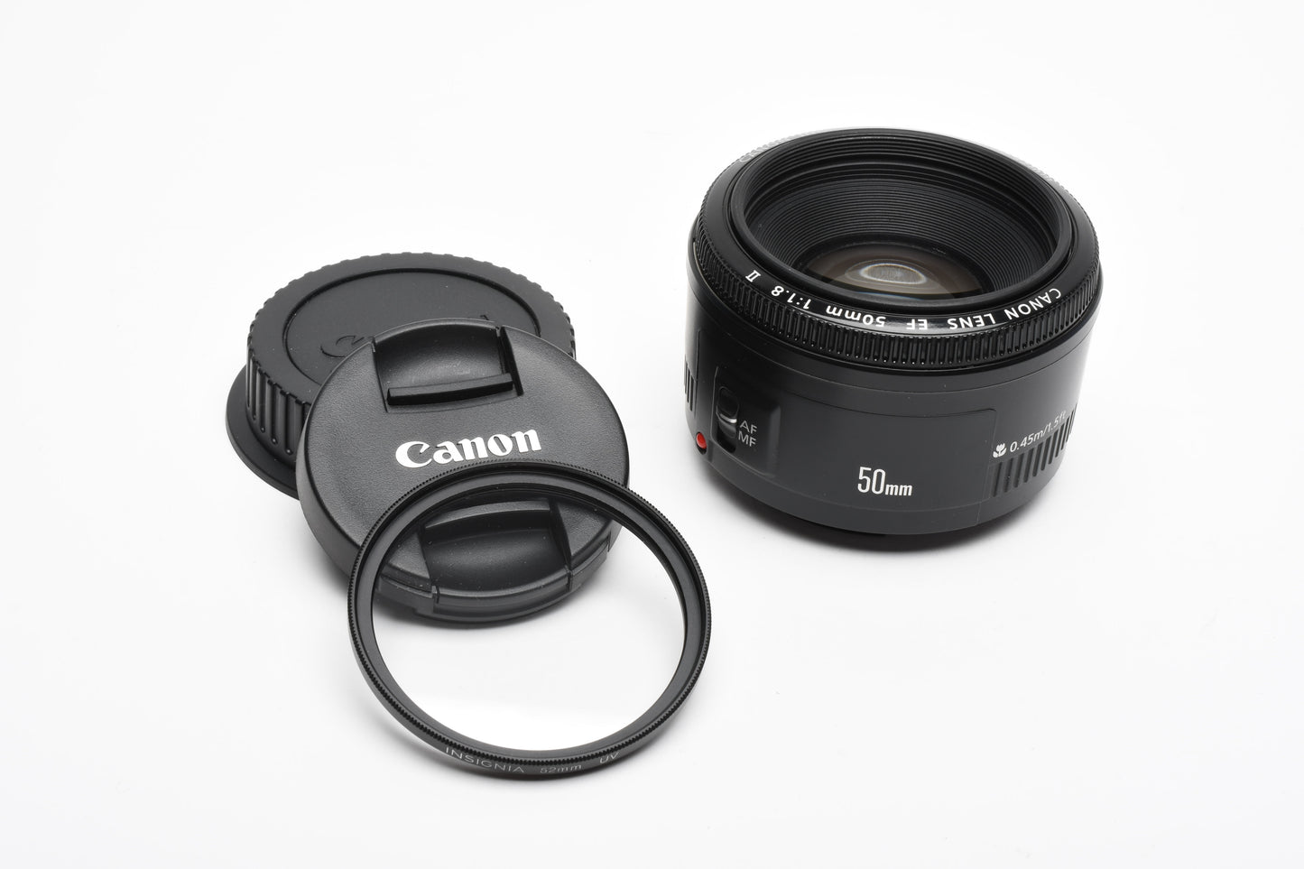 Canon EF 50mm f1.8 II prime lens, caps, Clean, + UV filter, Great
