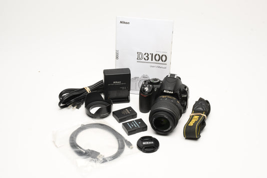 Nikon D3100 DSLR w/Nikkor AFS 18-55mm f3.5-5.6G VR, 2X batts+charger 8432 Acts