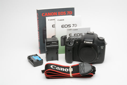 Canon EOS 7D 18MP DSLR body bundle, Book, manuals, batt, charger, 48K Acts