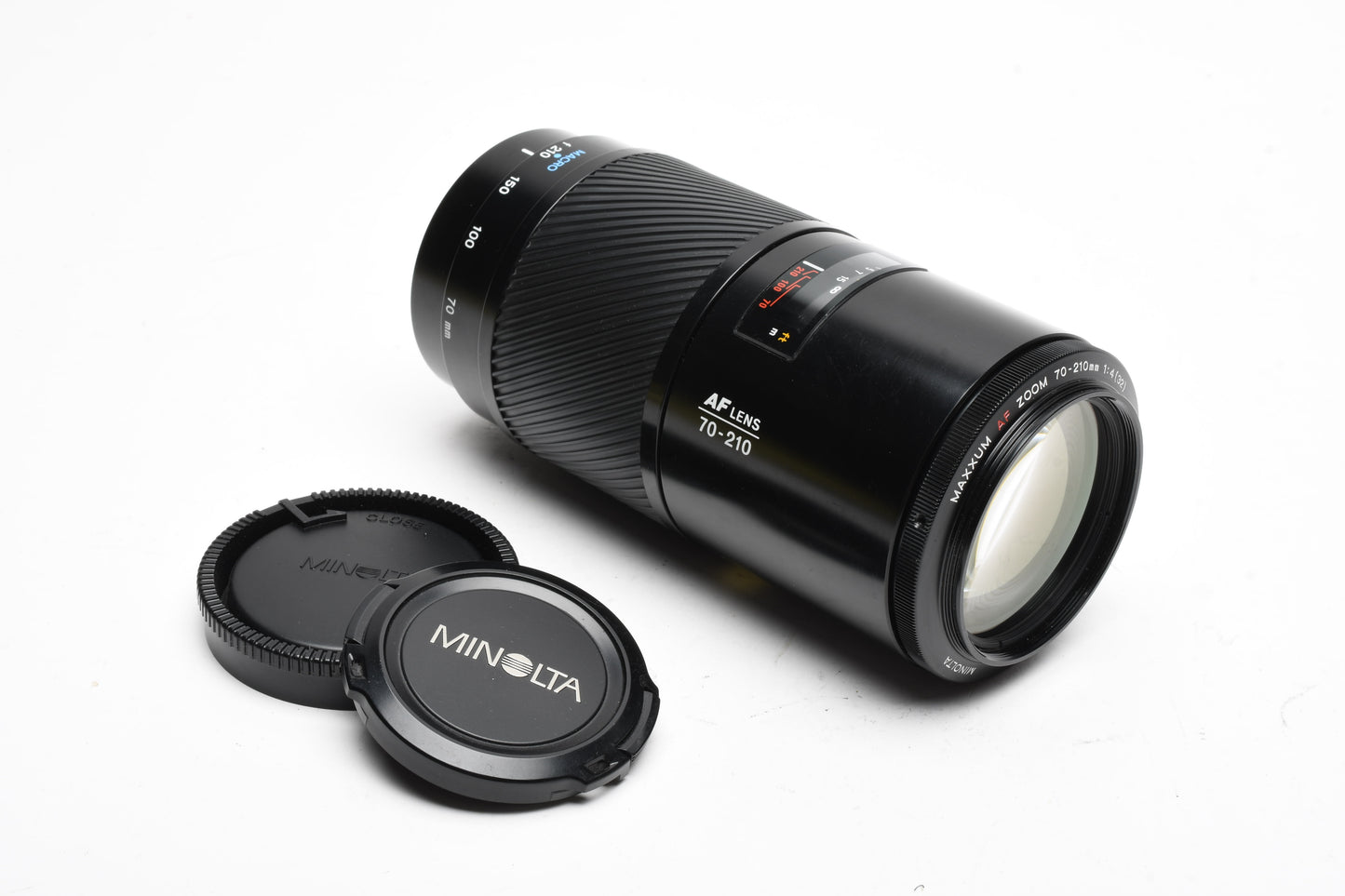Minolta Maxxum AF 70-210mm f4 lens, hood+caps, Nice & clean "Beer Can"