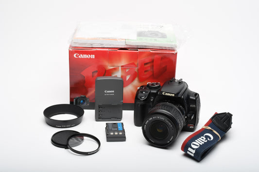 Canon EOS Rebel XTi DSLR w/18-55mm II zoom, batt, charger, Boxed, Great