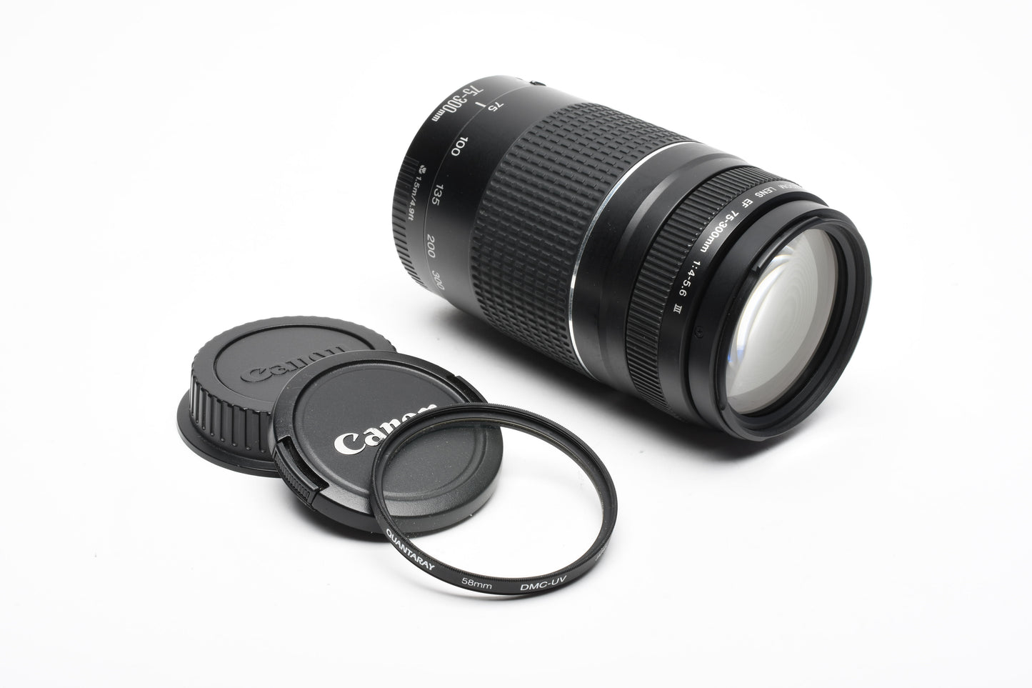 Canon EF 75-300mm f4-5.6 III Telephoto zoom lens, caps, UV, Good!