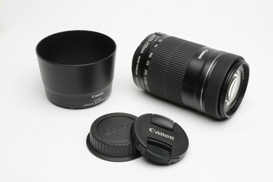 Canon EF-S 55-250mm f4-5.6 IS STM Zoom lens, caps, ET-63 hood, Mint-