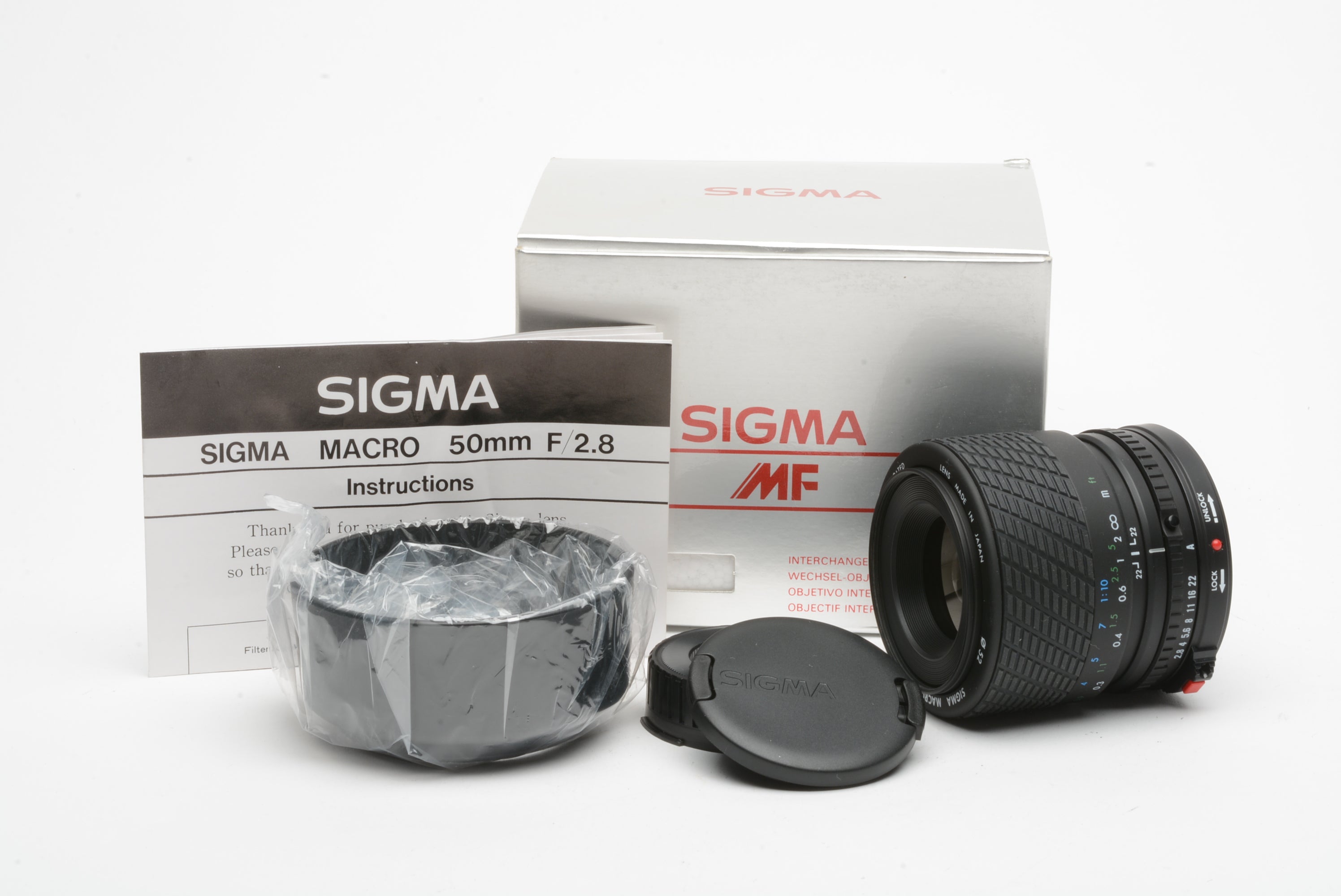 Sigma 50mm f2.8 Macro MF lens for Canon FD, boxed, hood+caps