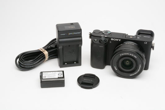 Sony A6400 Mirrorless w/16-50mm zoom, batt, charger, Very clean, Only 967 Acts!