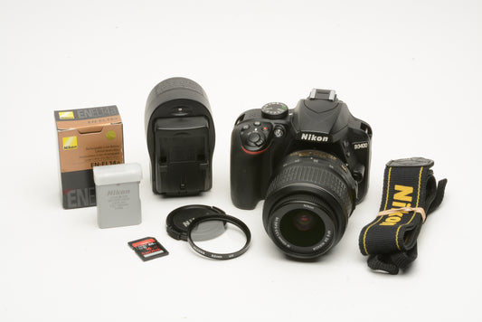 Nikon D3400 DSLR w/18-55mm f/3.5-5.6 Lens, 16GB SD, UV, batt+charger Only 6981 Acts.