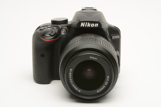 Nikon D3400 DSLR w/18-55mm f/3.5-5.6 Lens, 16GB SD, UV, batt+charger Only 6981 Acts.