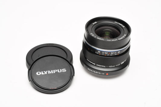 Olympus M.Zuiko 12mm f2 (Black) lens, caps, nice & sharp Mint-