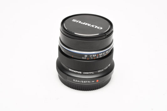 Olympus M.Zuiko 12mm f2 (Black) lens, caps, nice & sharp Mint-