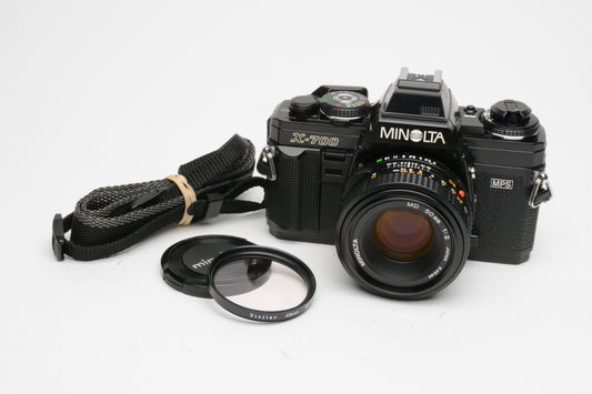 Minolta X700 35mm SLR w/50mm f2 lens, strap, cap, Sky, good seals, Great!