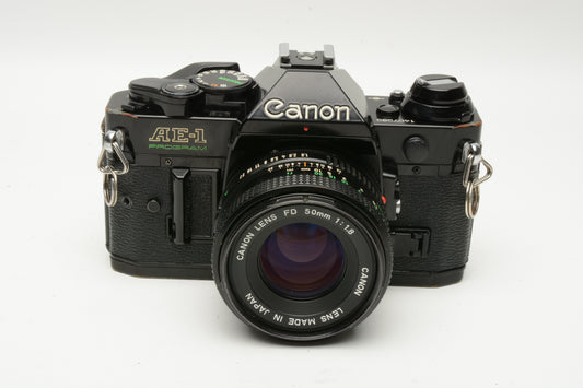 Canon AE-1 Program (Black) 35mm SLR Camera w/50mm f1.8, New Seals, Good!