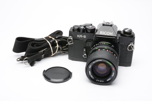 Ricoh KR-5 35mm SLR w/35-70mm f3.5-4.5 zoom lens, cap, New seals, tested, nice