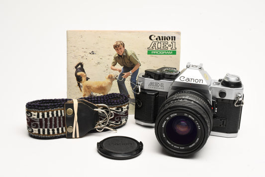 Canon AE-1 Program 35mm SLR Camera w/Sigma 35-80mm Zoom, New Seals