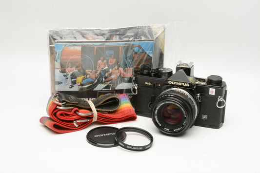 Olympus OM-2N 35mm SLR Black w/Zuiko 50mm f1.8 lens, strap, sky, manuals+New seals