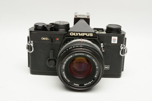 Olympus OM-2N 35mm SLR Black w/Zuiko 50mm f1.8 lens, strap, sky, manuals+New seals