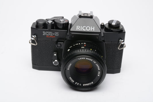 Ricoh KR-5 Super 35mm SLR w/50mm f2.2 Prime lens, cap, New seals, tested, Great!