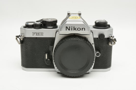 Nikon FM2N chrome 35mm SLR body, strap, cap, eyepiece, tested, New Seals