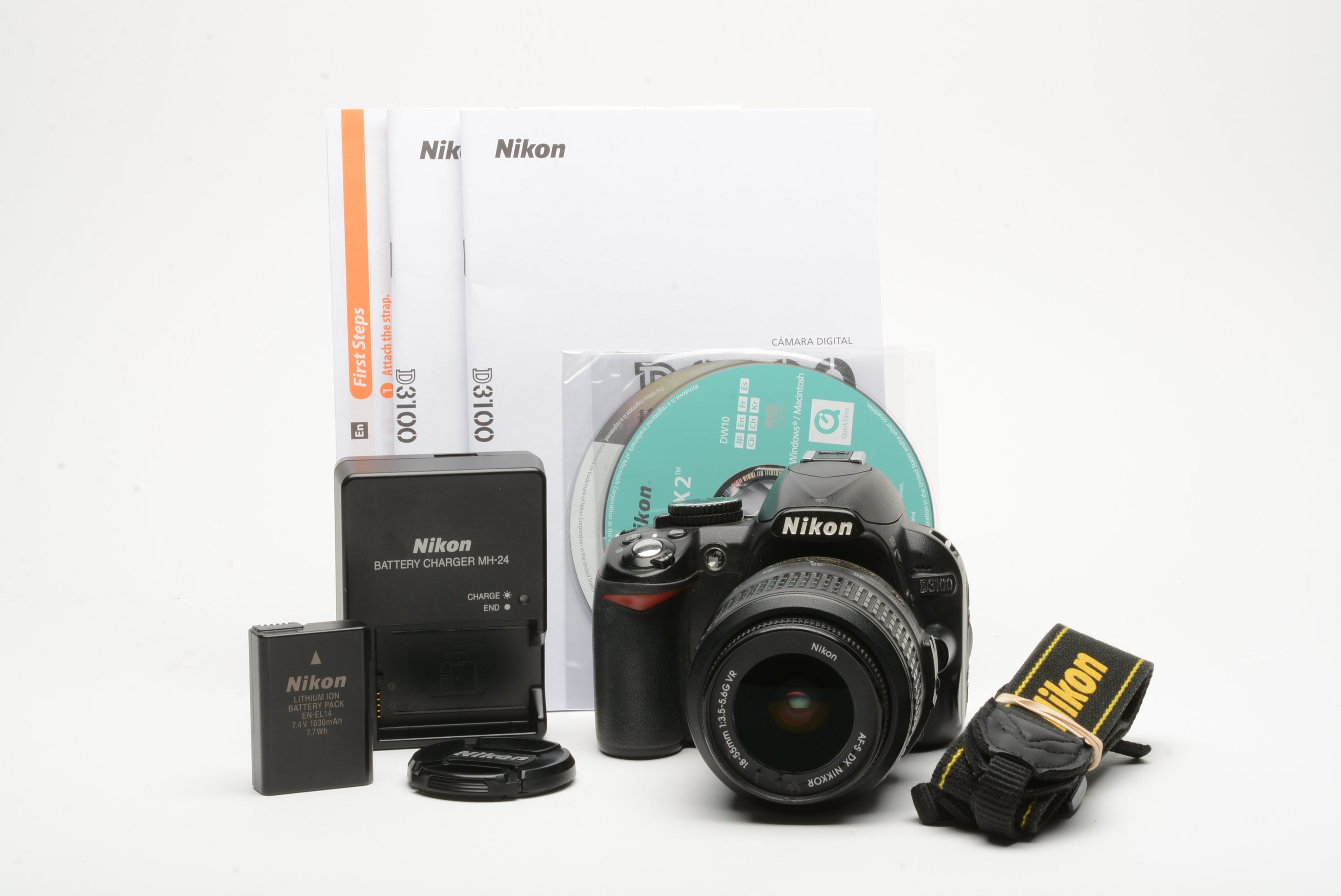 Nikon D3100 DSLR w/Nikkor AFS 18-55mm f3.5-5.6G zoom, batt+charger