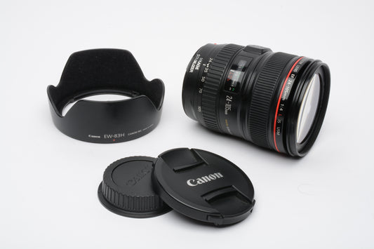 Canon EF 24-105mm f4L IS USM zoom lens, caps, hood, USA Version