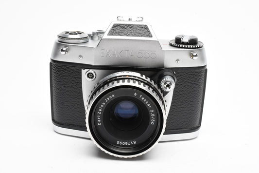 Exakta 500 SLR w/Carl Zeiss Jena Tessar 50mm f2.8 + Case, Spool, Shoe