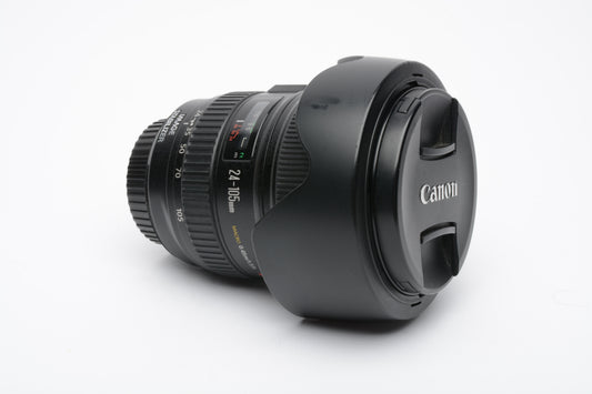 Canon EF 24-105mm f4L IS USM zoom lens, caps, hood, USA Version