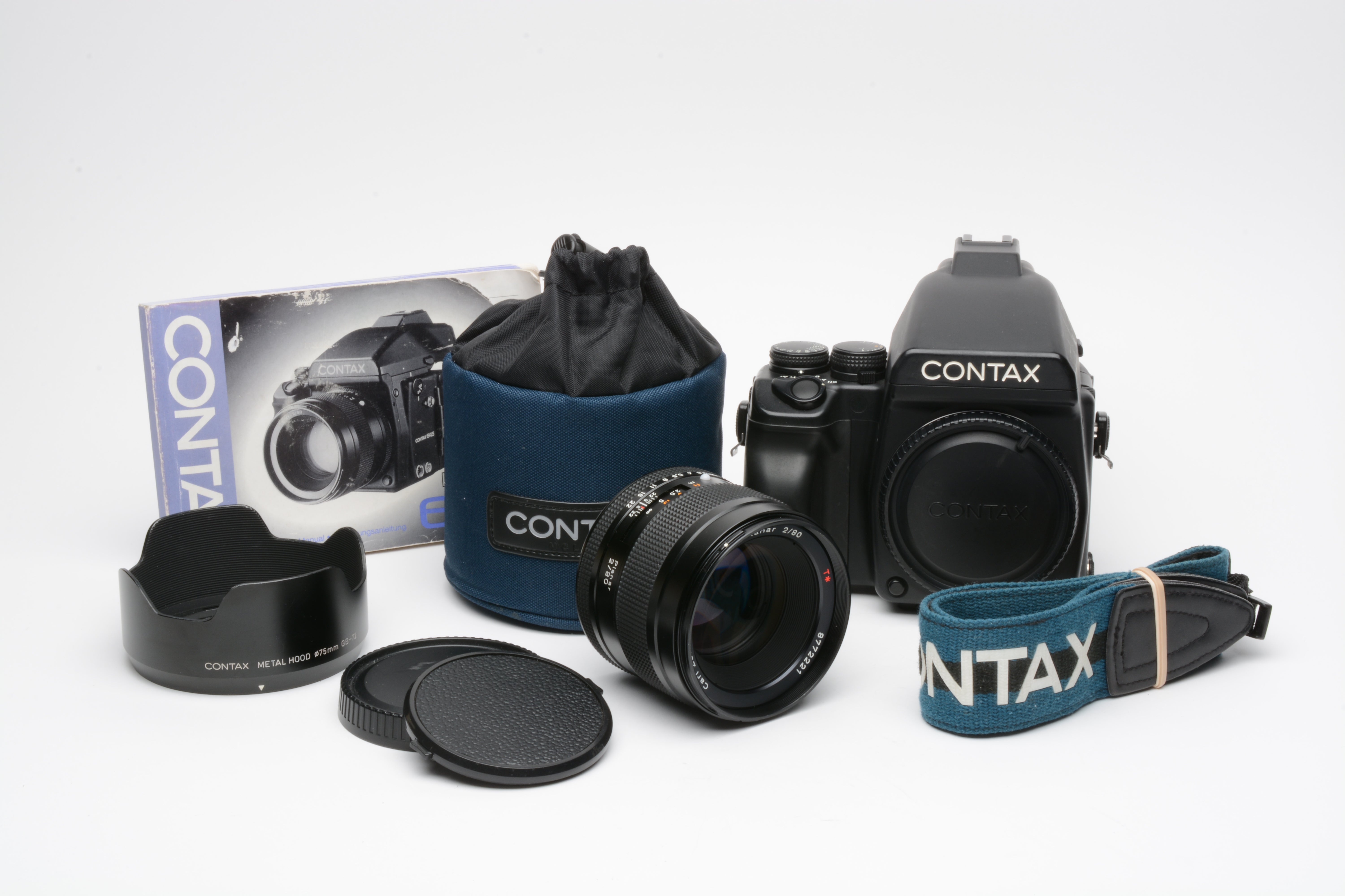 Contax 645 Medium Format Camera w/Planar T* 80mm f2, 120 back, Prism,  strap, manual