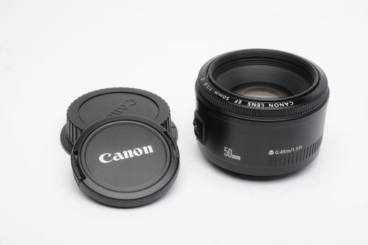 Canon EF 50mm f1.8 II prime lens, caps, very clean