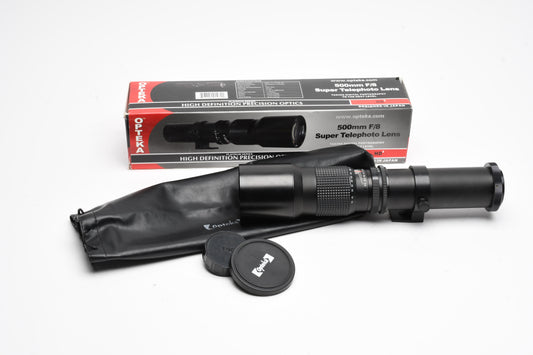Opteka 500mm f8 Telephoto lens w/Pentax PK T-Mount, Pouch, Clean