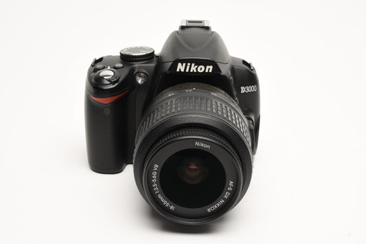 Nikon D3000 DSLR w/Nikkor AFS 18-55mm f3.5-5.6G VR, 2 batts+charger Only 7096 Acts!