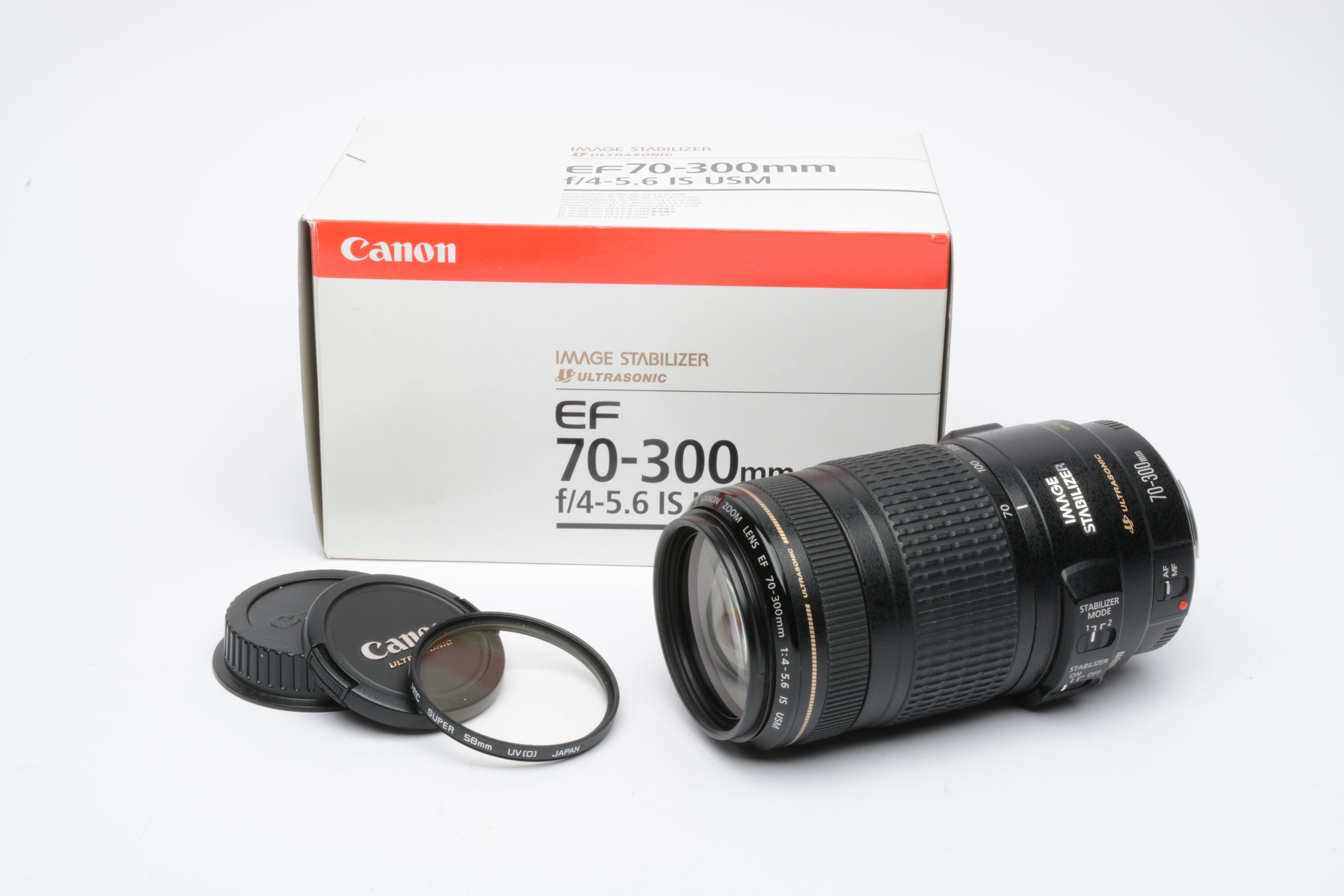 Canon EF 70-300mm f4-5.6 IS USM zoom lens, caps, UV, Mint