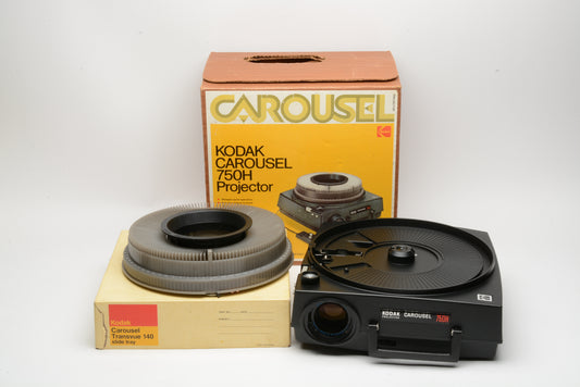Kodak Carousel 750H slide projector, 140 tray, 102mm lens, remote, tested, works great