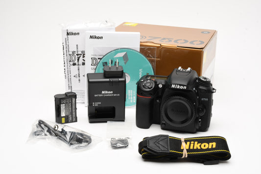 Nikon D7500 DSLR Body w/Batt, charger, Only 16 Acts!! Mint USA Boxed