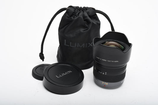 Panasonic Lumix G 7-14mm f f4 Asph. Lens MFT, Caps & Pouch, Great!