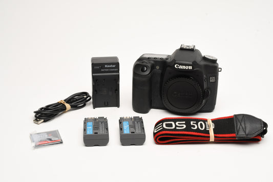 Canon EOS 50D DSLR Body w/2X Batts, charger, strap, 4GB CF, Only 5224 Acts