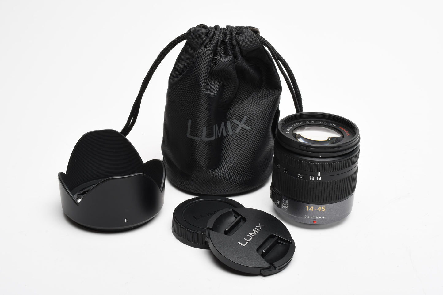 Panasonic Lumix G Vario 14-45mm F3.5-5.6 Mega O.I.S. Zoom, Hood, Pouch, Mint-