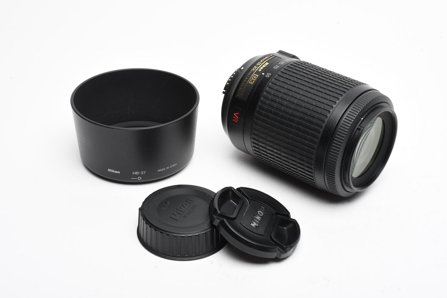 Nikon AFS Nikkor 55-200mm F4-5.6G ED DX VR zoom lens, hood, caps, Mint-