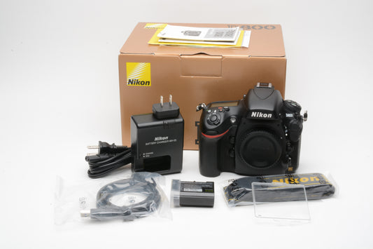 Nikon D800 DSLR body, USA version, batt+charger+USB, only 44K Acts! Boxed