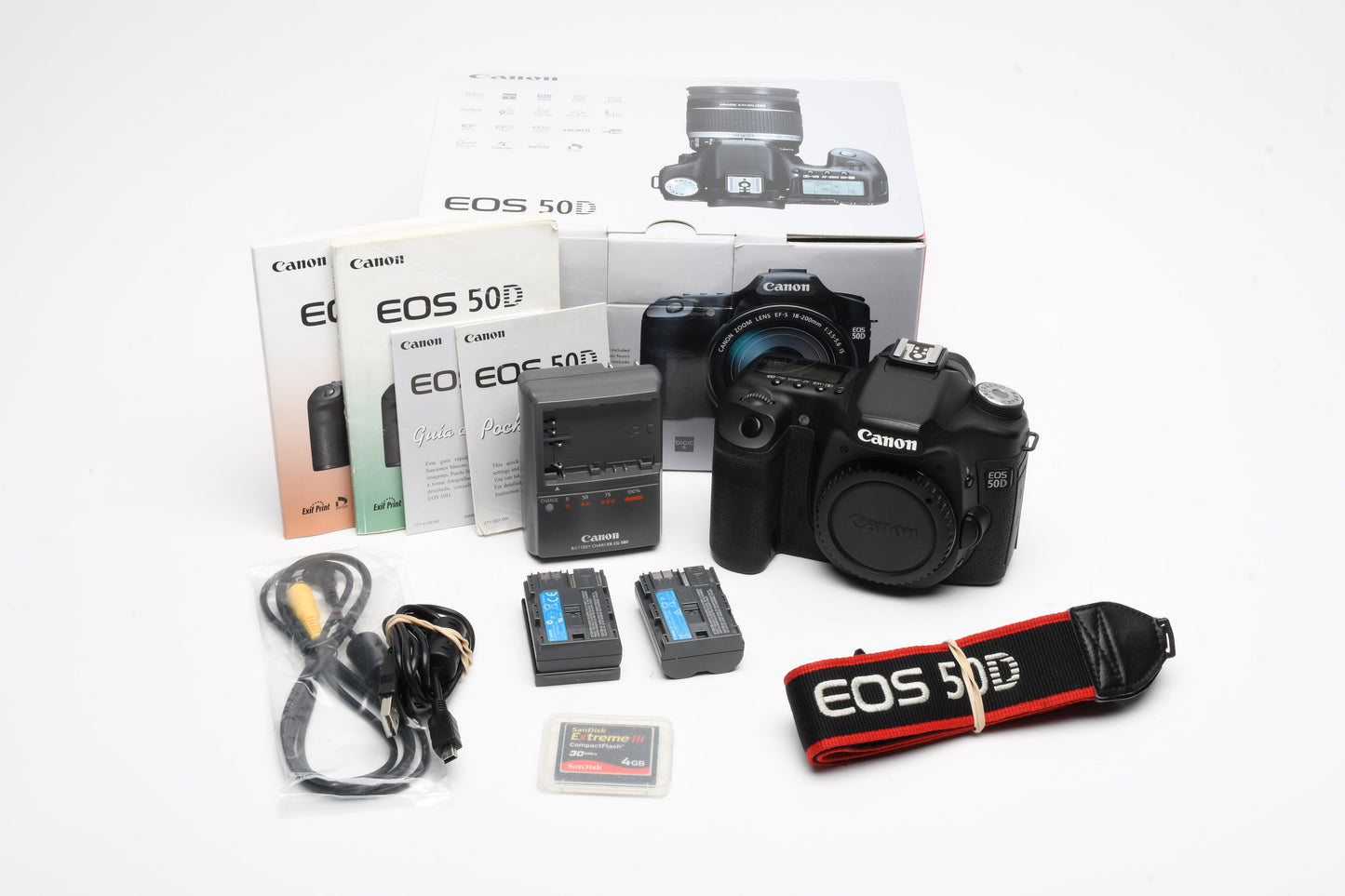 Canon EOS 50D DSLR Body w/2X Batts, charger, 4GB CF, Box, 14K Acts