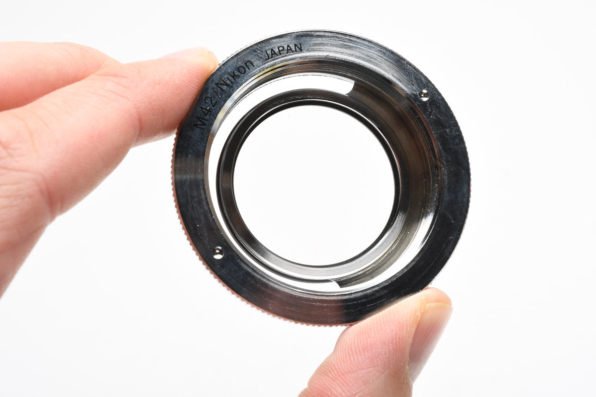 M42 lens to Nikon F Mount Adapter Ring w/Infinity focus glass, Very clean
