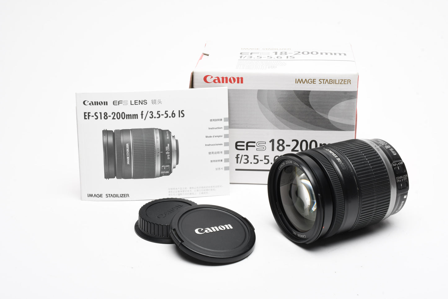 Canon EFS 18-200mm f3.5-5.6 IS zoom lens, caps, Box, Good!
