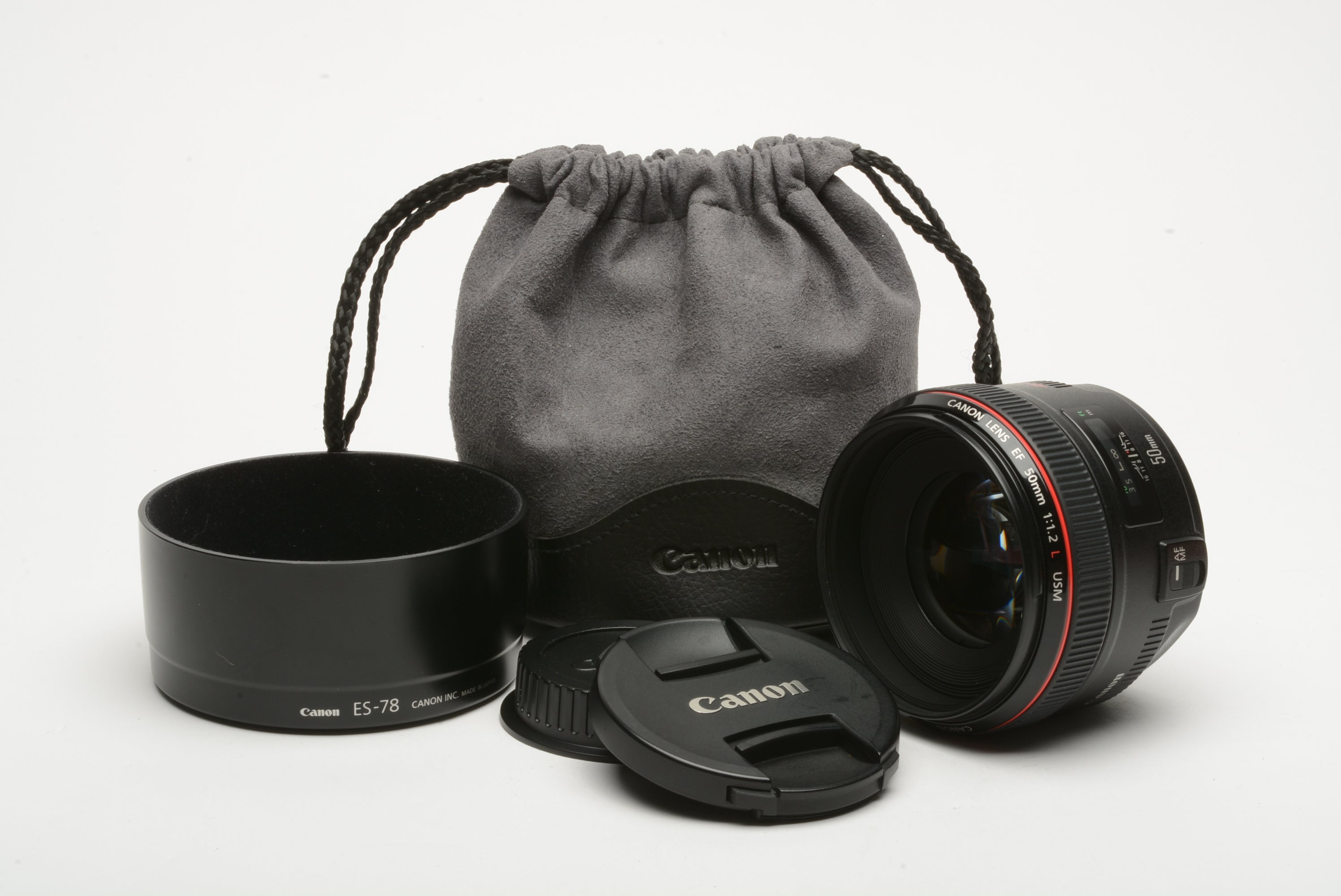 Canon EF 50mm f1.2L USM prime lens, hood, caps, pouch, clean & sharp! USA  version