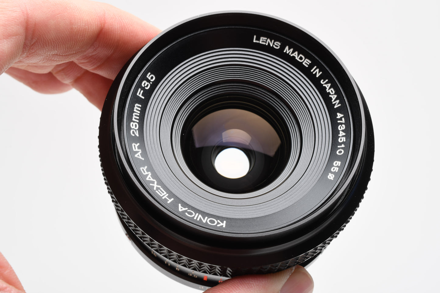 Konica Hexar 28mm f3.5 wide angle lens w/Skylight, Hood, Caps, Cases