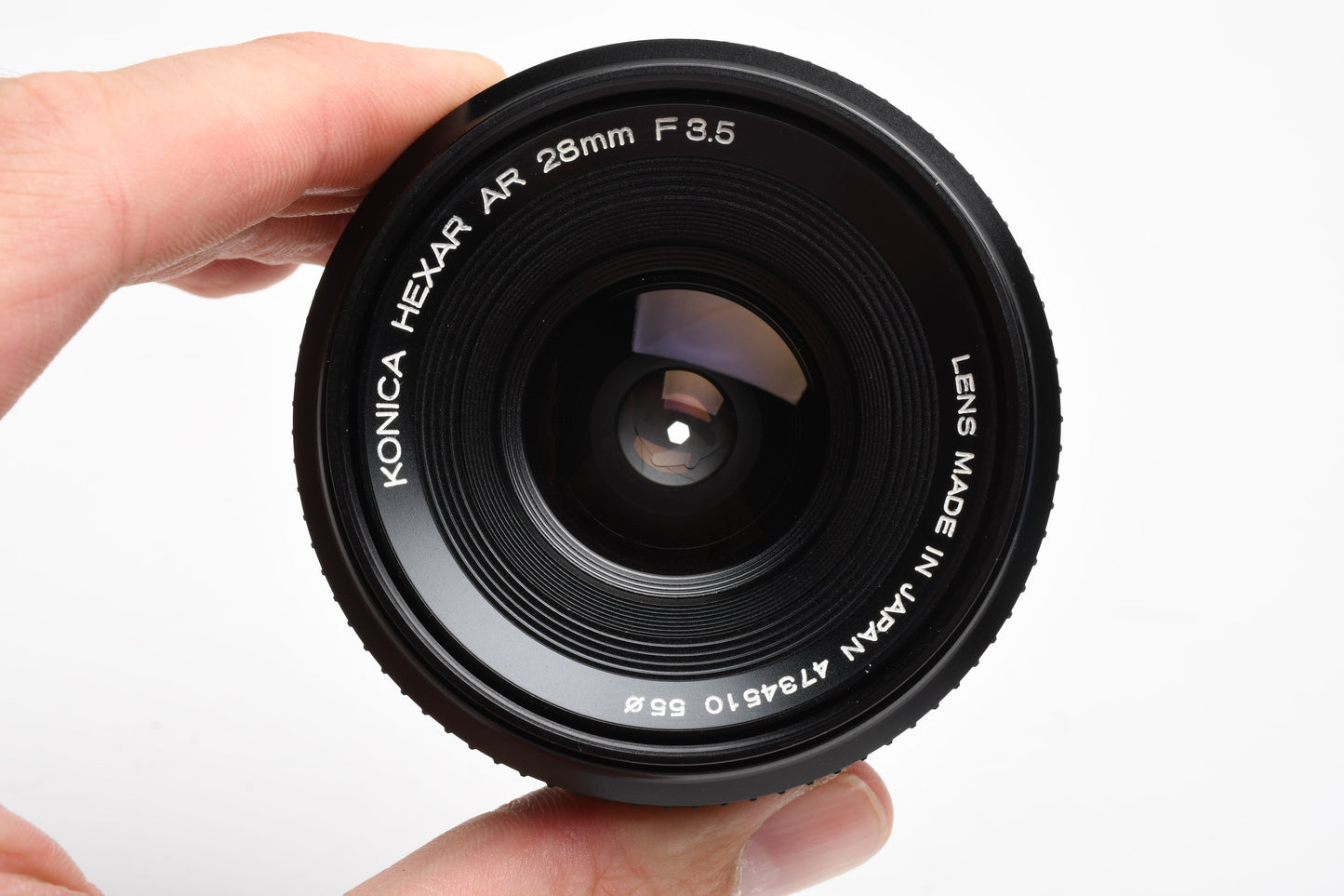 Konica Hexar 28mm f3.5 wide angle lens w/Skylight, Hood, Caps, Cases
