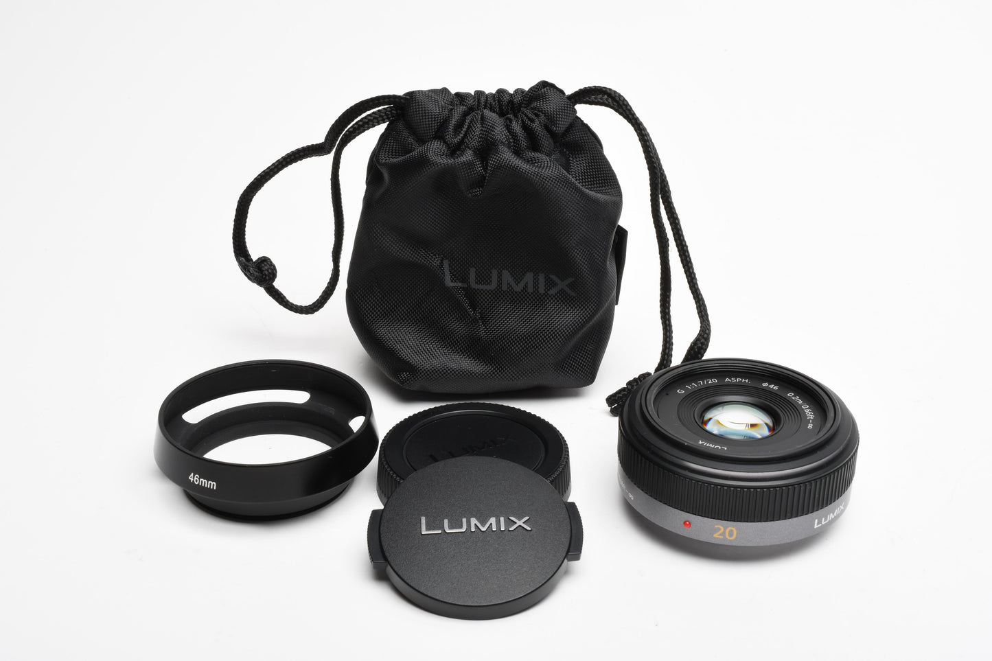 Panasonic Lumix 20mm f1.7 G lens, Very clean, w/Pouch + Hood